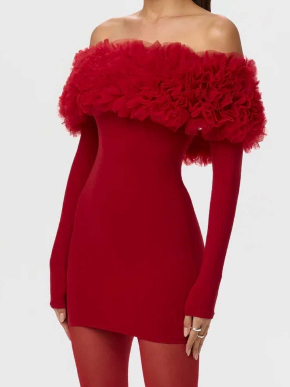 Naked Wardrobe body hugging dress with tulle Red. XS